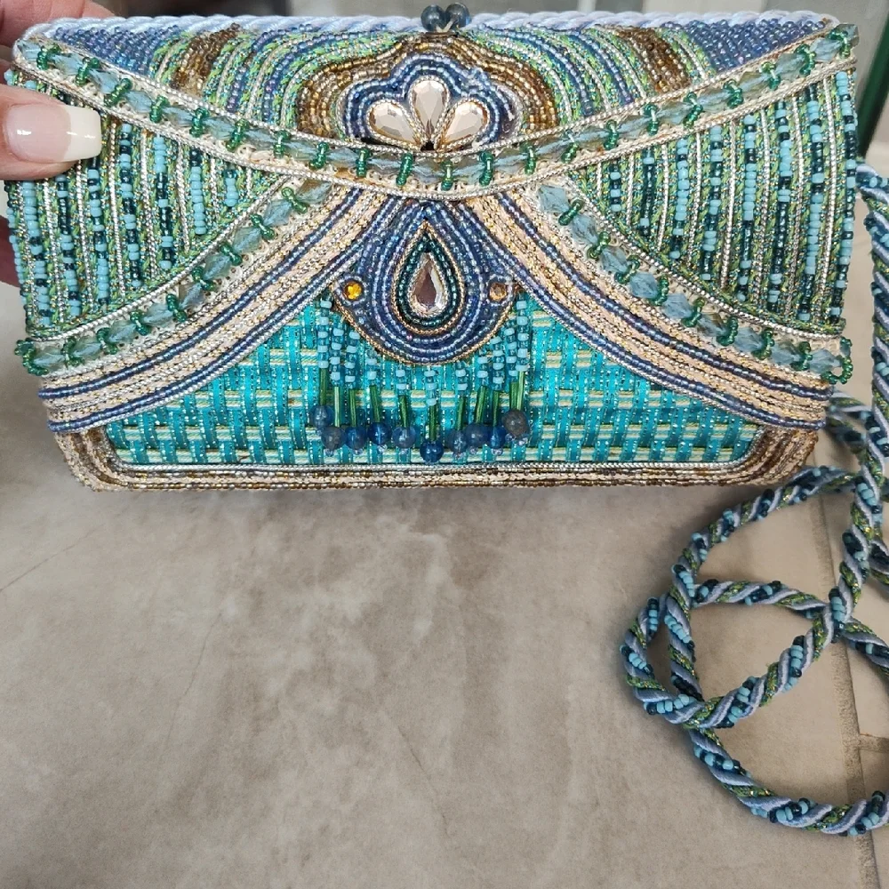 Mary Frances Turquoise and Gold Beaded Clutch - Picture 4 of 11